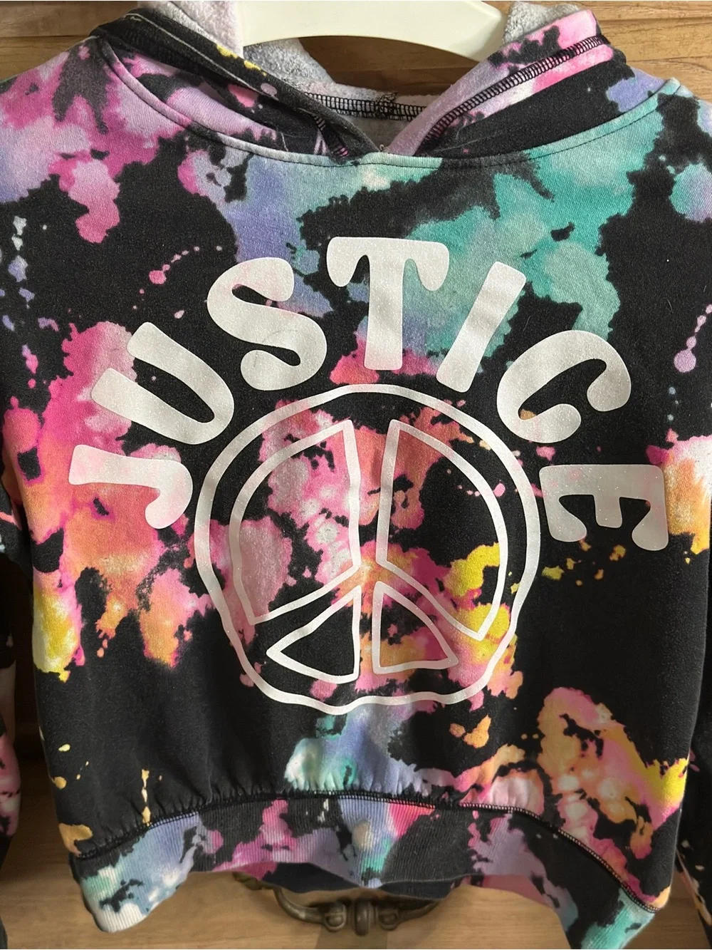 Justice | Girls' Black Baggy Tie-Dye Peace Logo Hoodie | Size Large